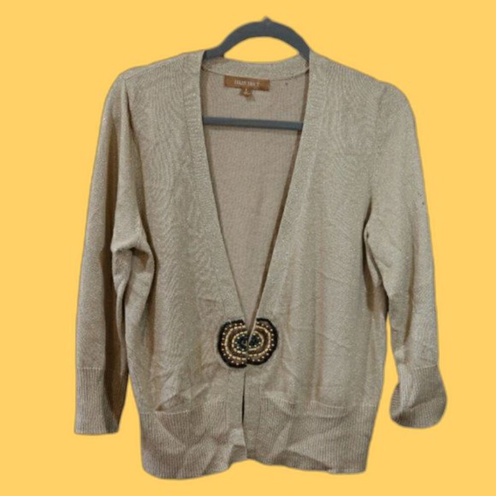 Ellen Tracy Gold Metallic Sparkly Medallion Beaded Cardigan Sweater LG